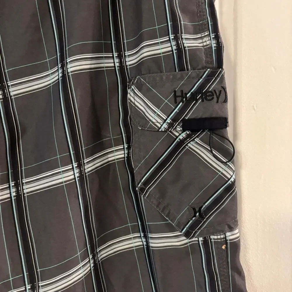 Hurley Mens Board Shorts Size 32 Gray Plaid Swim Trunks Surf